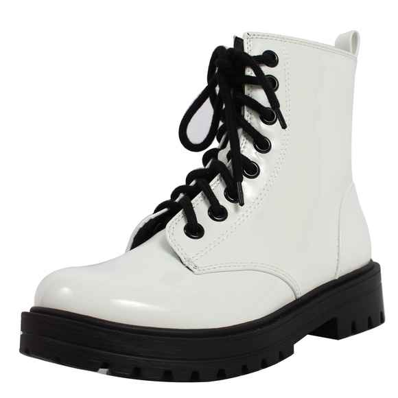 Shoes - White Faux Patent Leather Combat Lace Up Ankle Boo